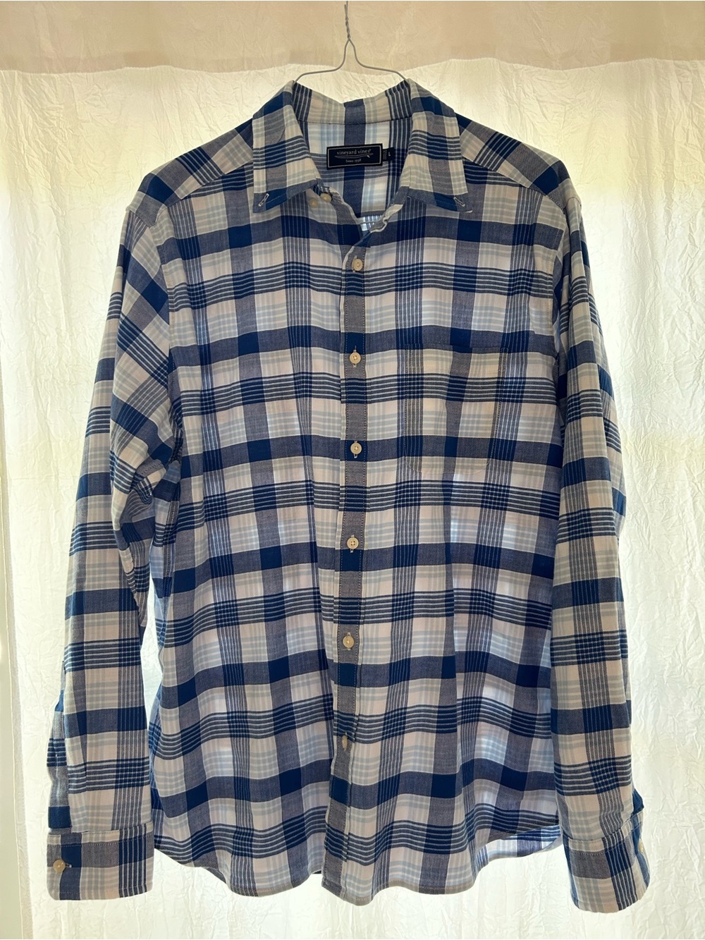 Vineyard Vines Navy and White Plaid Long-Sleeve Button-Down